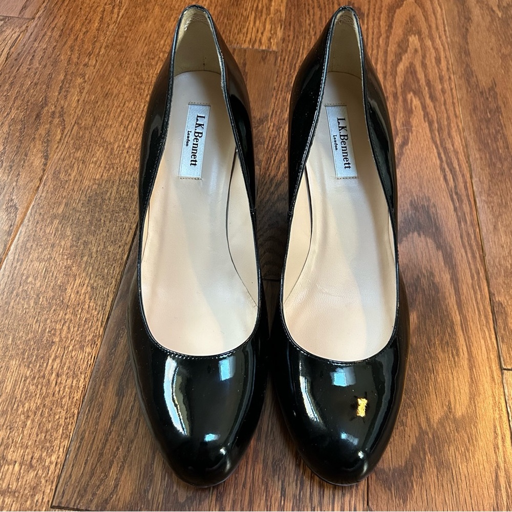 NEW! L.K.Bennett Zahara black patent leather wedge pumps tortoiseshell heel 40.5 - Picture 5 of 9